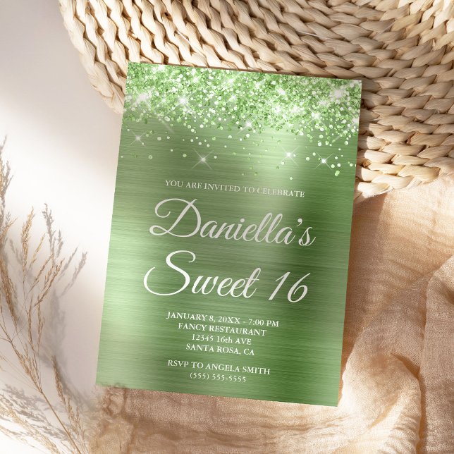 Invitation Glitterie légère Vert huile doux 16 (Pale Green Glam for Her Sweet 16)