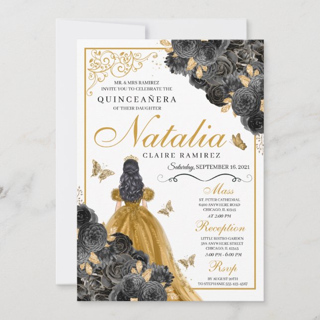 Invitation Glitterie Rose d'or papillon princesse Quinceañera (Devant)
