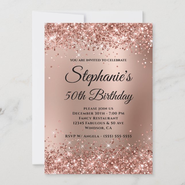 Invitation Glitterie Rose Gold Gradient Monogramme 50e annive (Devant)