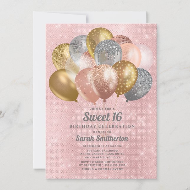 Invitation Glitterie rose Silver Or Ballons doux 16 (Devant)
