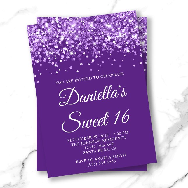 Invitation Glitterie Royal Purple Sweet 16 (Glittery Royal Purple Sweet 16 Invitation)