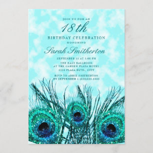 Invitation Glitterie Turquoise Peacock Feathers 18e