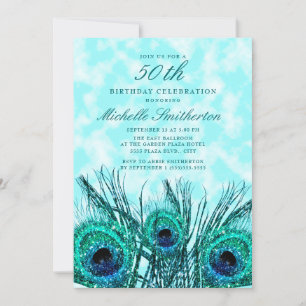 Invitation Glitterie Turquoise Peacock Feathers 50e