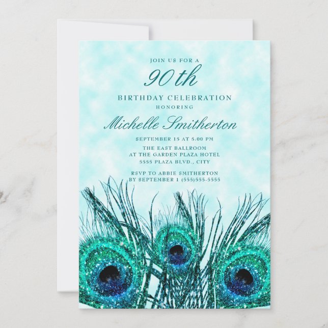 Invitation Glitterie Turquoise Peacock Feathers 90e anniversa (Devant)