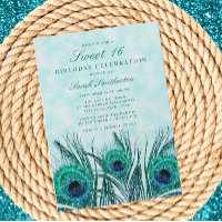 Glitterie Turquoise Peacock Feathers Sweet 16