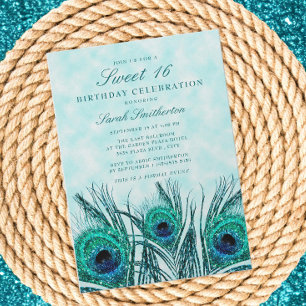 Invitation Glitterie Turquoise Peacock Feathers Sweet 16