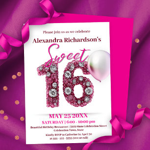 Invitation Glittering Gemstones et rose Balloon Sweet 16