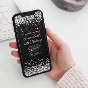 Invitation Glittery Argent et Noir 18e anniversaire