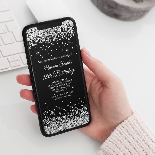 Invitation Glittery Argent et Noir 18e anniversaire (Créateur téléchargé)