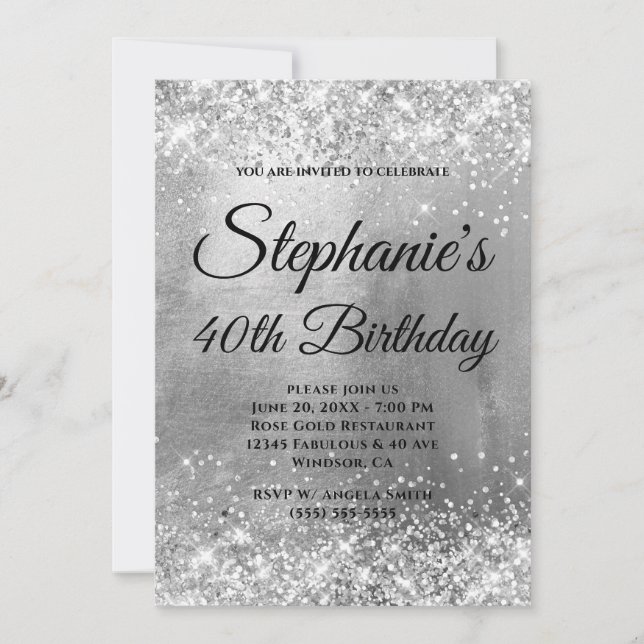 Invitation Glittery Argent Foil Fancy Monogramme Anniversaire (Devant)