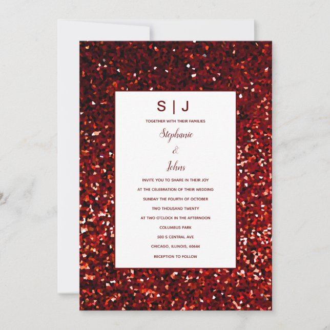 Invitation Glittery Bourgogne Rouge Maroon Classy Mariage mod (Devant)