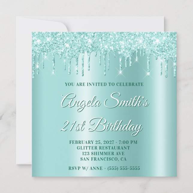 Invitation Glittery Drips Light Teal Ombre Drop Shadow (Devant)