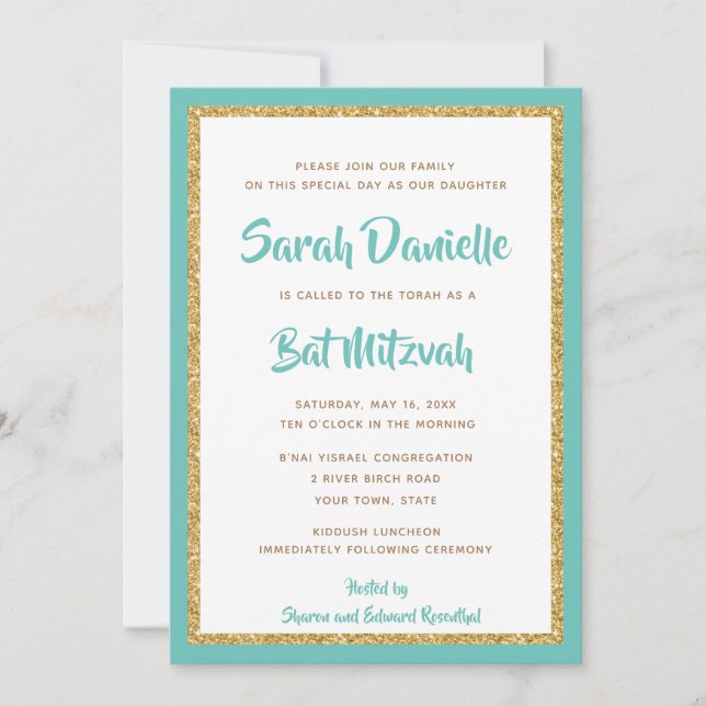 Invitation Glittery Gold et Turquoise Bat mitzvah encadré (Devant)