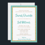 Invitation Glittery Gold et Turquoise Bat mitzvah encadré<br><div class="desc">Cette invitation Bat mitzvah branchée présente une parties scintillant scintillante superposée à un arrière - plan de couleur solide. Utilisez le formulaire modèle pour ajouter vos propres informations. Les menus d'édition avancés peuvent être utilisés pour modifier le style de police,  la couleur et la disposition.</div>