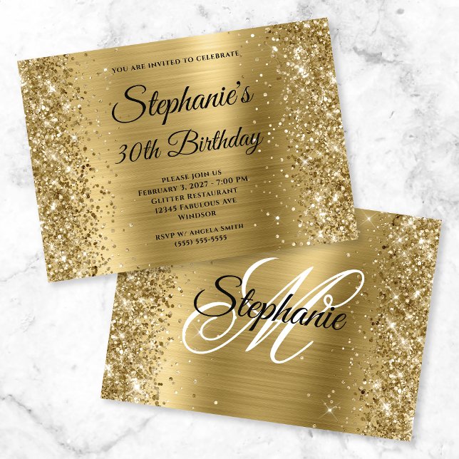 Invitation Glittery Gold Foil Fancy Monogramme 30e anniversai (Créateur téléchargé)