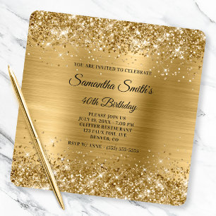 Invitation Glittery Gold Foil Fancy Monogramme 40e anniversai