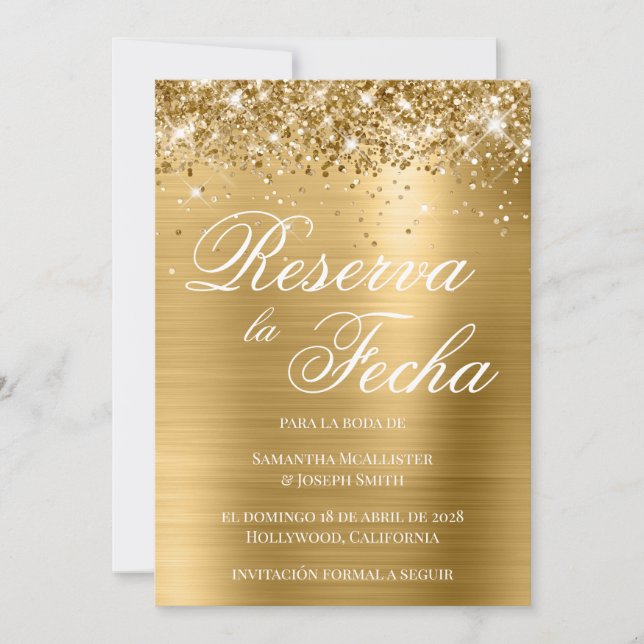 Invitation Glittery Gold Foil Photo Reserva La Fecha (Devant)