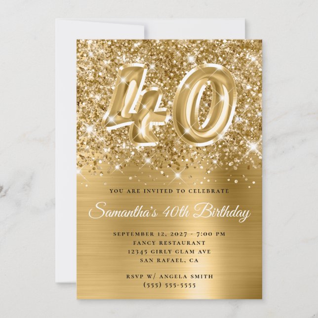 Invitation Glittery Gold Glam Numéro 40e anniversaire (Devant)