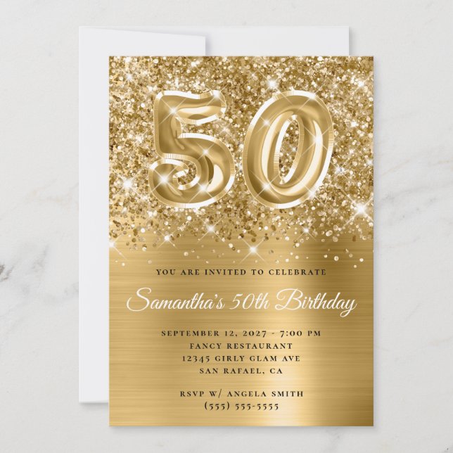 Invitation Glittery Gold Glam Numéro 50e anniversaire (Devant)