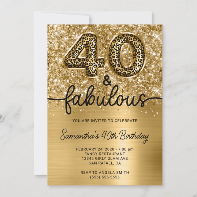 Invitation Glittery Gold Leopard 40 et fabuleux (Devant)