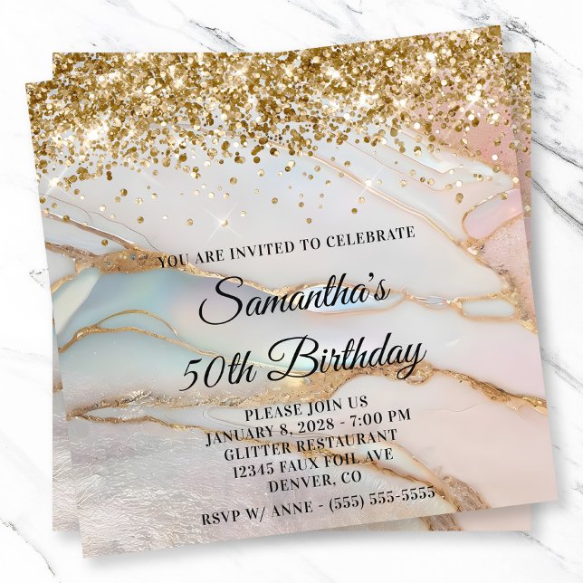 Invitation Glittery Gold Marbled Opal 50e anniversaire (Glittery Gold Marbled Opal 50th Birthday Invitation)