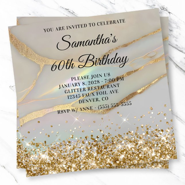 Invitation Glittery Gold Marbled Opal 60e anniversaire (Glittery Gold Marbled Opal 60th Birthday Invitation)