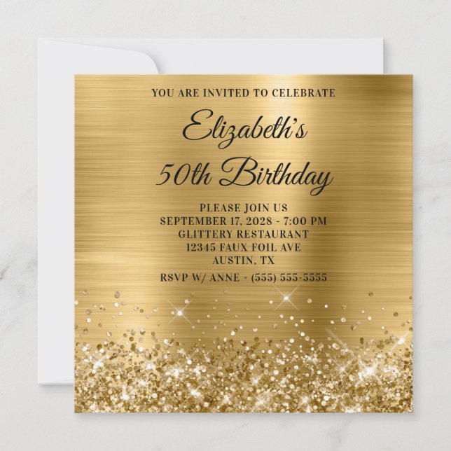 Invitation Glittery Gold Metallic 50e anniversaire (Devant)