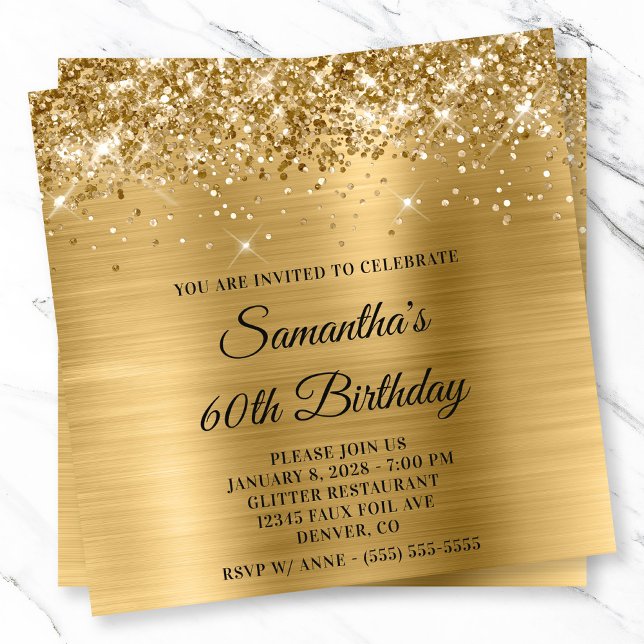 Invitation Glittery Gold Metallic Look 60e anniversaire (Glittery Gold Metallic Look 60th Birthday Invitation)