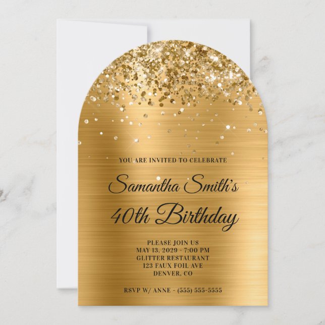 Invitation Glittery Gold Metallic Photo 40th Birthday (Devant)