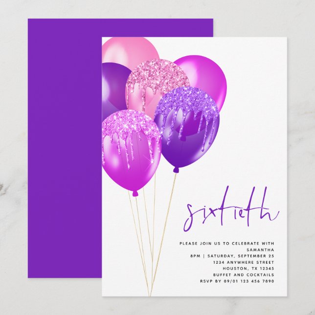 Invitation Glittery Mauve Fuchsia Balloons 60e anniversaire (Devant / Derrière)