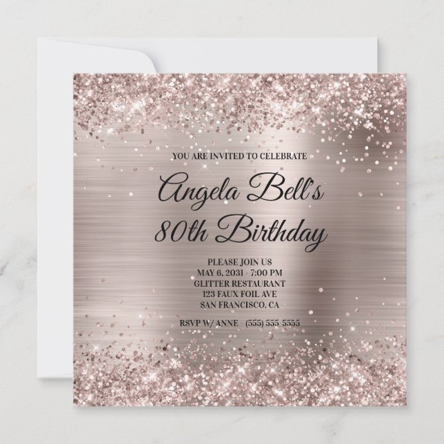 Invitation Glittery Pink Champagne Faux Foil 80th Birthday (Devant)