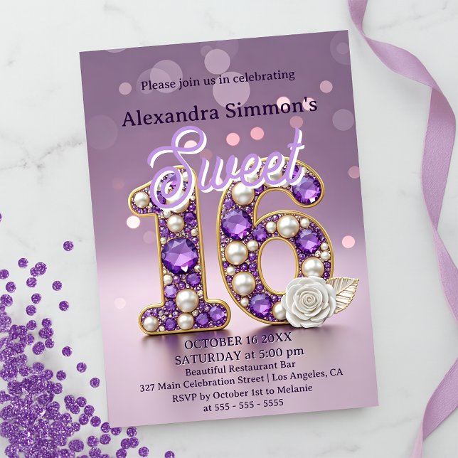 Invitation Glittery Purple Gemstone & Pearl Sweet 16 Annivers (Créateur téléchargé)
