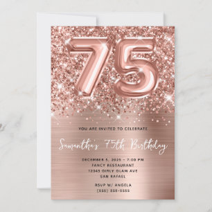 Invitation Glittery Rose Gold Balloon Glam 75e anniversaire