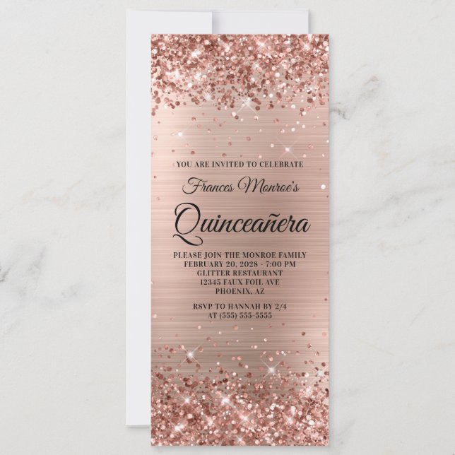 Invitation Glittery Rose Gold Feuille Quinceañera (Devant)