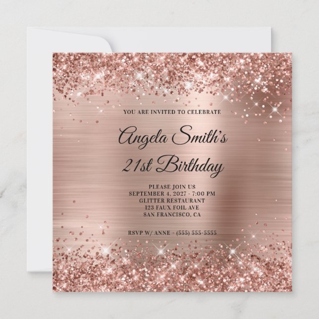 Invitation Glittery Rose Gold Foil 21e anniversaire (Devant)
