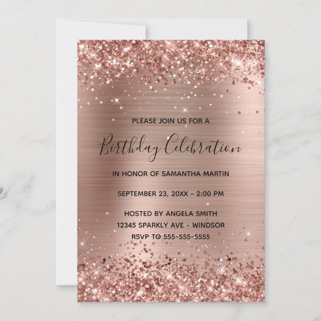 Invitation Glittery Rose Gold Foil Anniversaire Célébration (Devant)