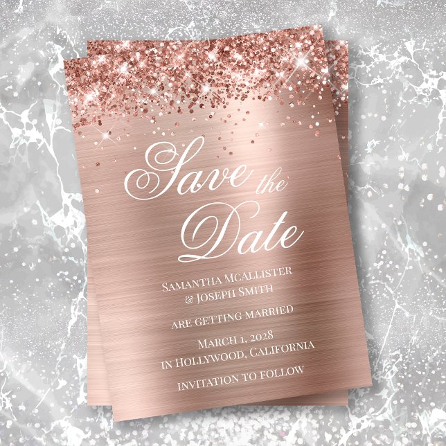 Invitation Glittery Rose Gold Foil Photo Enregistrer la date (Créateur téléchargé)