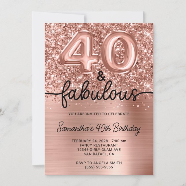 Invitation Glittery Rose Gold Glam 40 et Fabulous (Devant)