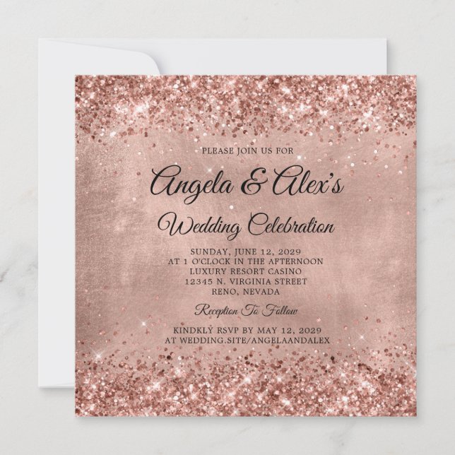Invitation Glittery Rose Gold Mariage élégant (Devant)
