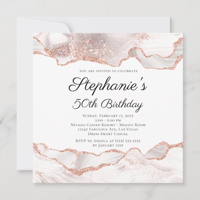 Invitation Glittery Rose Gold White Agate 50e anniversaire (Devant)