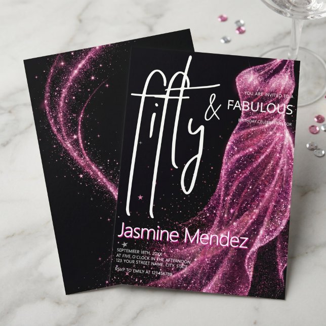 Invitation Glittery Rose Noir Chic 50 & Fabuleux Anniversaire (Créateur téléchargé)