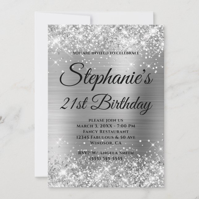 Invitation Glittery Silver Fancy Monogramme 21e anniversaire (Devant)