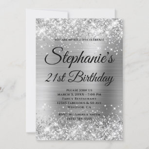 Invitation Glittery Silver Fancy Monogramme 21e anniversaire