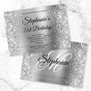 Invitation Glittery Silver Fancy Monogramme 21e anniversaire