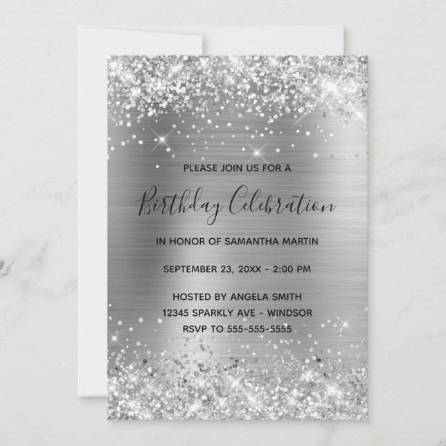 Invitation Glittery Silver Foil Anniversaire Célébration (Devant)