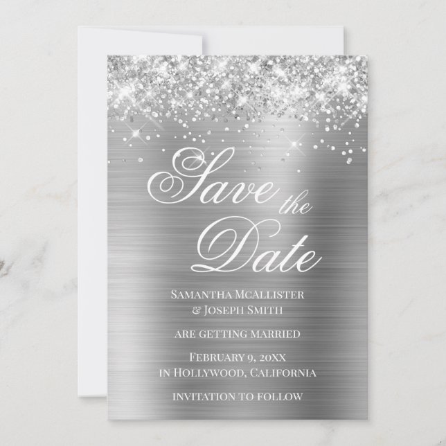 Invitation Glittery Silver Foil Enregistrer la date (Devant)