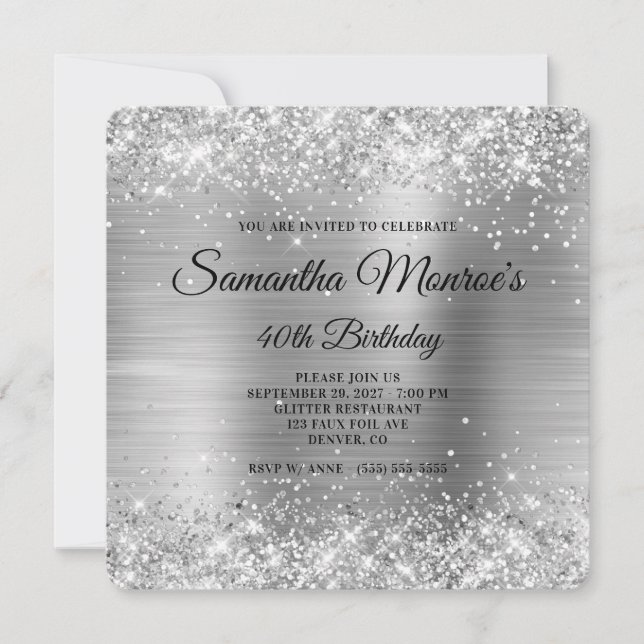 Invitation Glittery Silver Foil Fancy Monogramme 40e annivers (Devant)