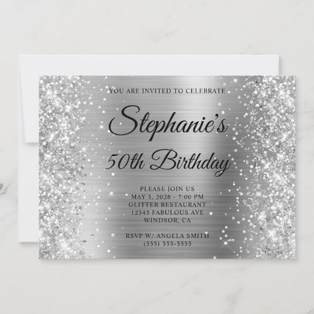 Invitation Glittery Silver Foil Fancy Monogramme 50e annivers (Devant)