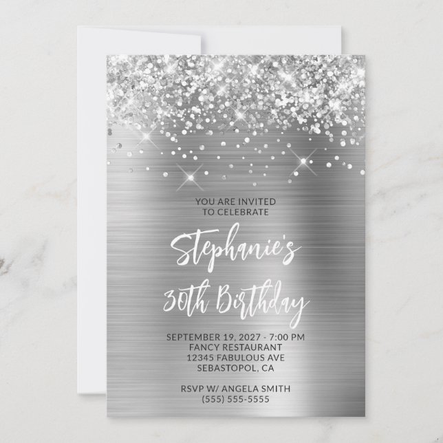 Invitation Glittery Silver Glam 30th Birthday Brush Script (Devant)