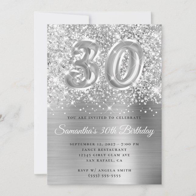 Invitation Glittery Silver Glam Numéro 30e anniversaire (Devant)